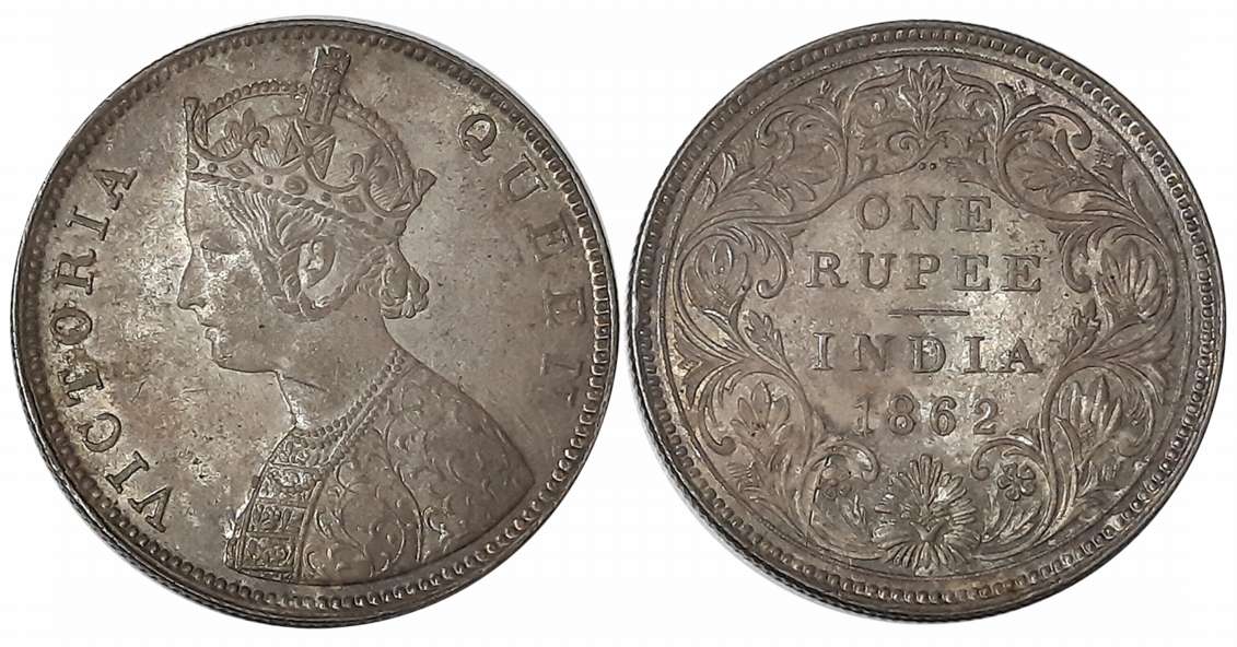 Victoria Queen, Silver Rupee, 1862, 2 dots above. Extremely fine.