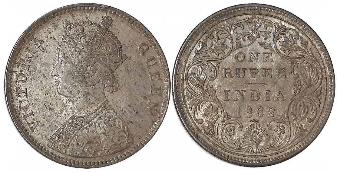 Victoria Queen, Silver Rupee, 1862, 4 dots below. About extremely fine.
