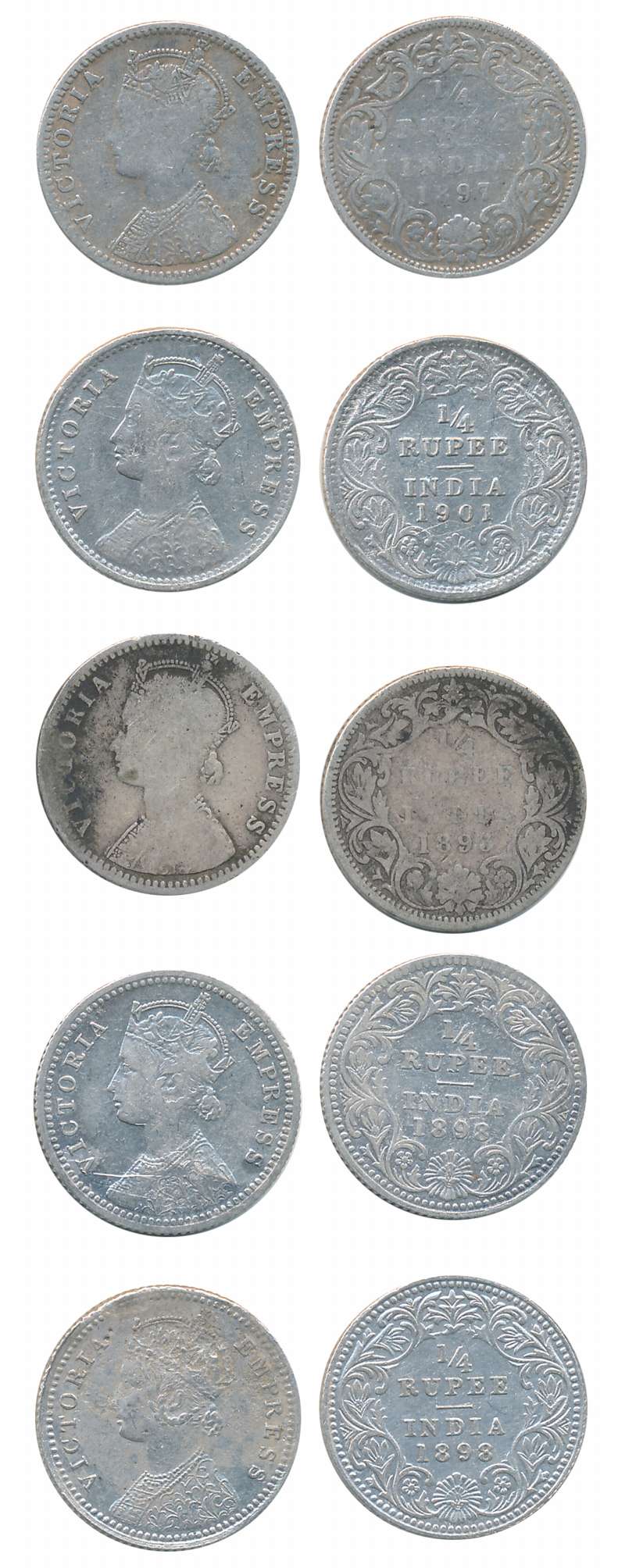 Victoria Empress, Silver 1/4 Rupees (5), 1893, 1897, 1898 (2) & 1901. Fine to very fine. 5