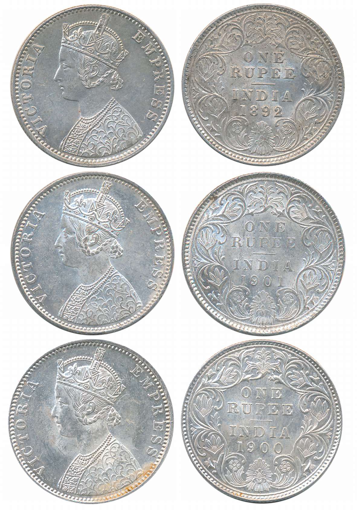 Victoria Empress, Silver Rupees (3), 1892, Calcutta Mint, 1900, 1901, Bombay Mint. Very fi