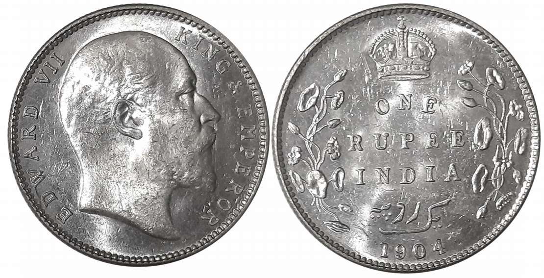 Edward VII, Silver Rupee, 1904, B incused, Dot on vine, Bombay Mint. Very fine+.