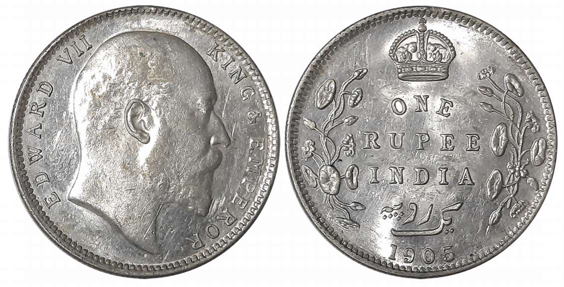 Edward VII, Silver Rupee, 1905, B incused, Dot on vine, Bombay Mint. Very fine+.