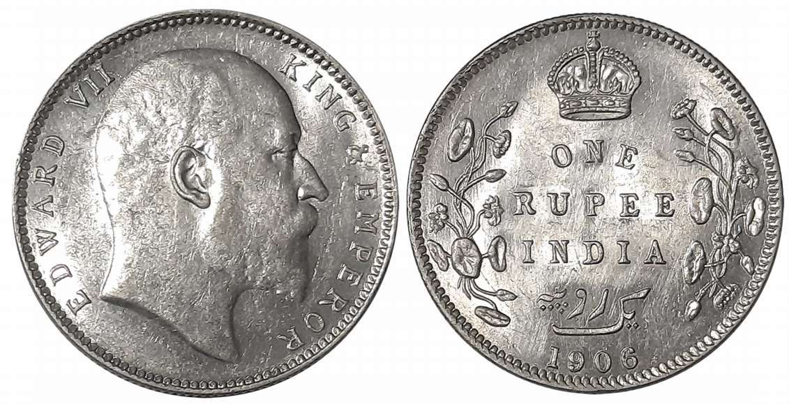 Edward VII, Silver Rupee, 1906, B incused, Dot on vine, Bombay Mint. Very fine+.