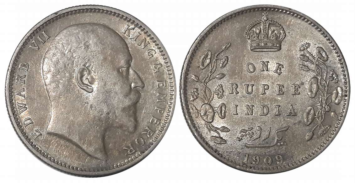 Edward VII, Silver Rupee, 1909, No Mint mark, Calcutta Mint. Very fine+.