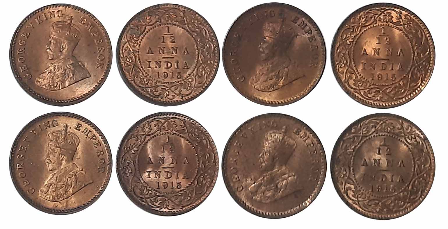 George V, Bronze 1/12 Anna (4), 1915. Uncirculated. 4 coins.