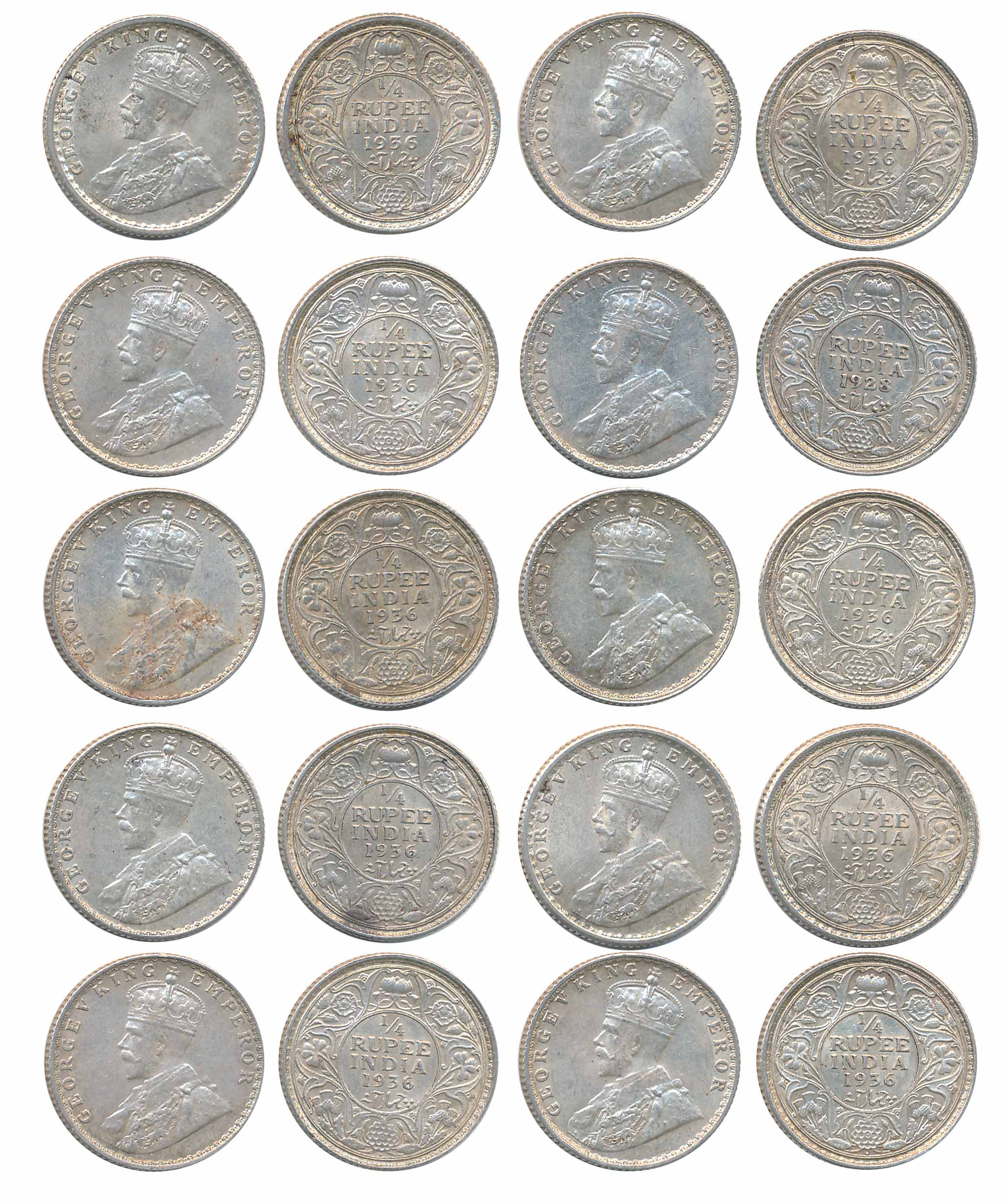 George V, Silver 2 Anna (10), 1928 & 1936 (9). Extremely fine to about uncirculated. 10 co