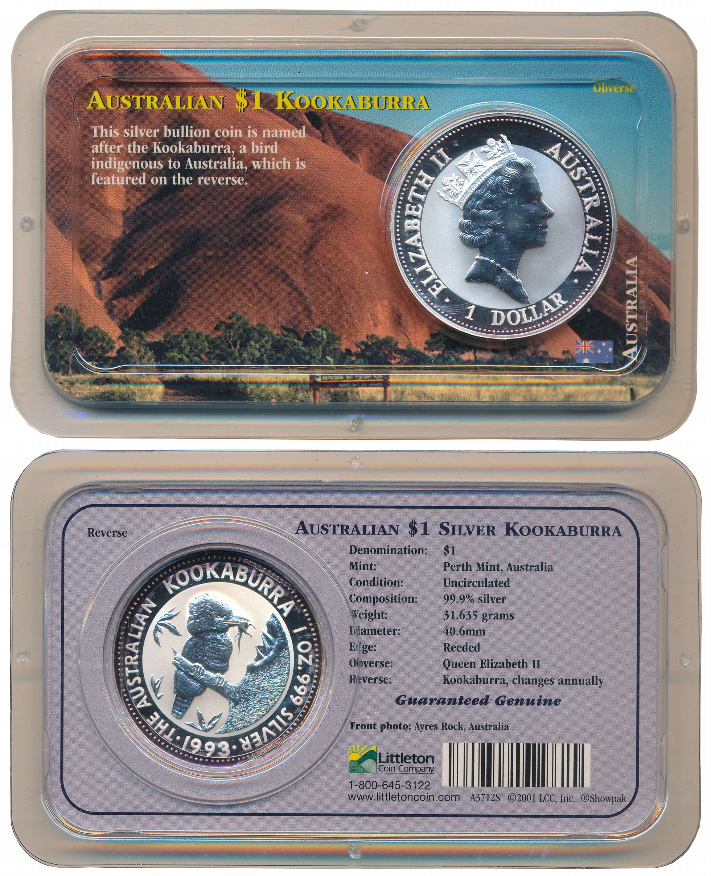 Australia, Elizabeth II, Silver 1 Dollar, Uncirculated, 31.60g, 1993, Perth Mint, Obv: Que
