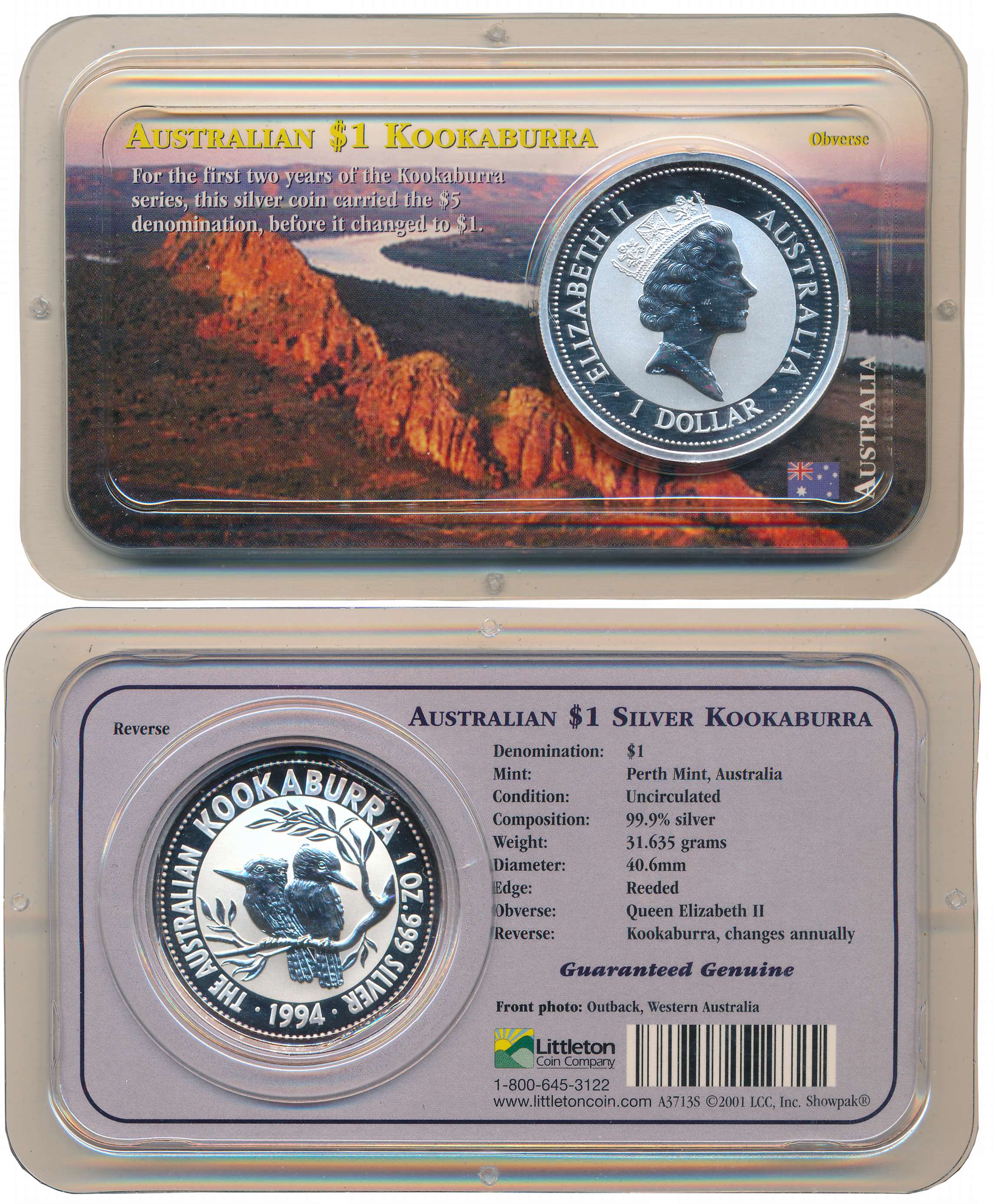 Australia, Elizabeth II, Silver 1 Dollar, Uncirculated, 31.10g, 1994, Perth Mint, Obv: Que