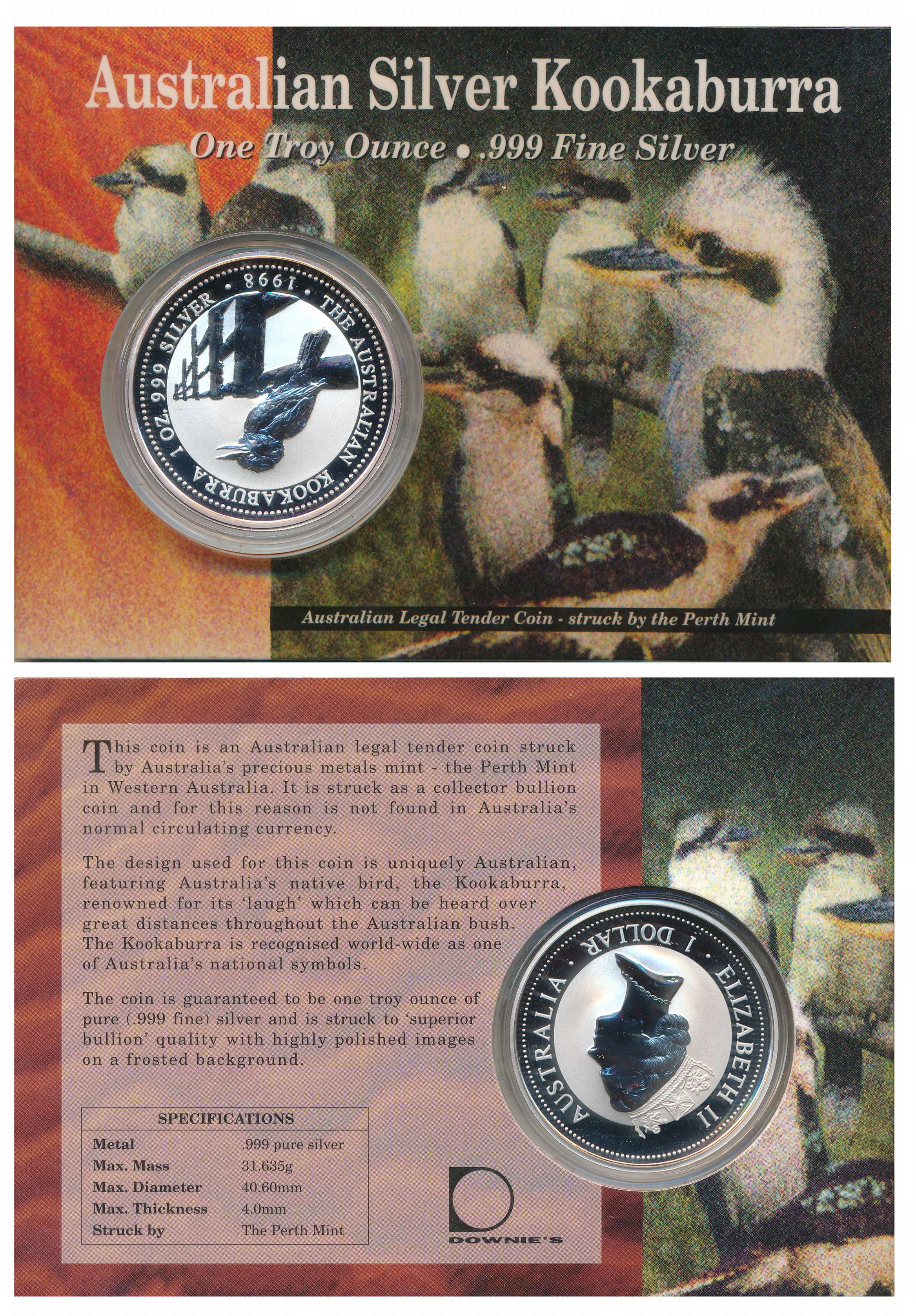 Australia, Elizabeth II, Silver 1 Dollar, Proof, 31.10g, 1998, Perth Mint, Obv: Queen Eliz
