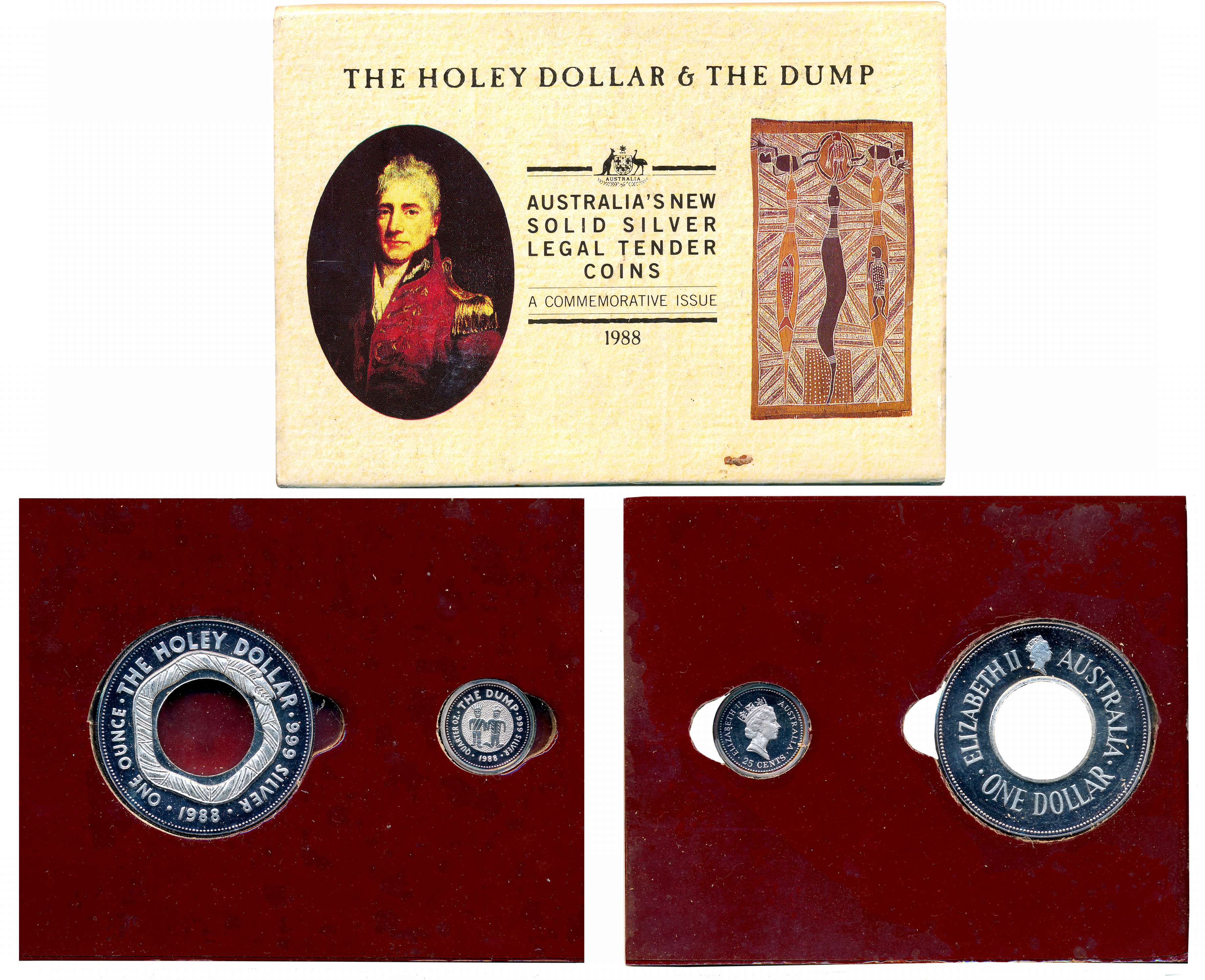 Australia, Silver, Proof, 1988, “The Holey Dollar & The Dump”. In original box of packing 