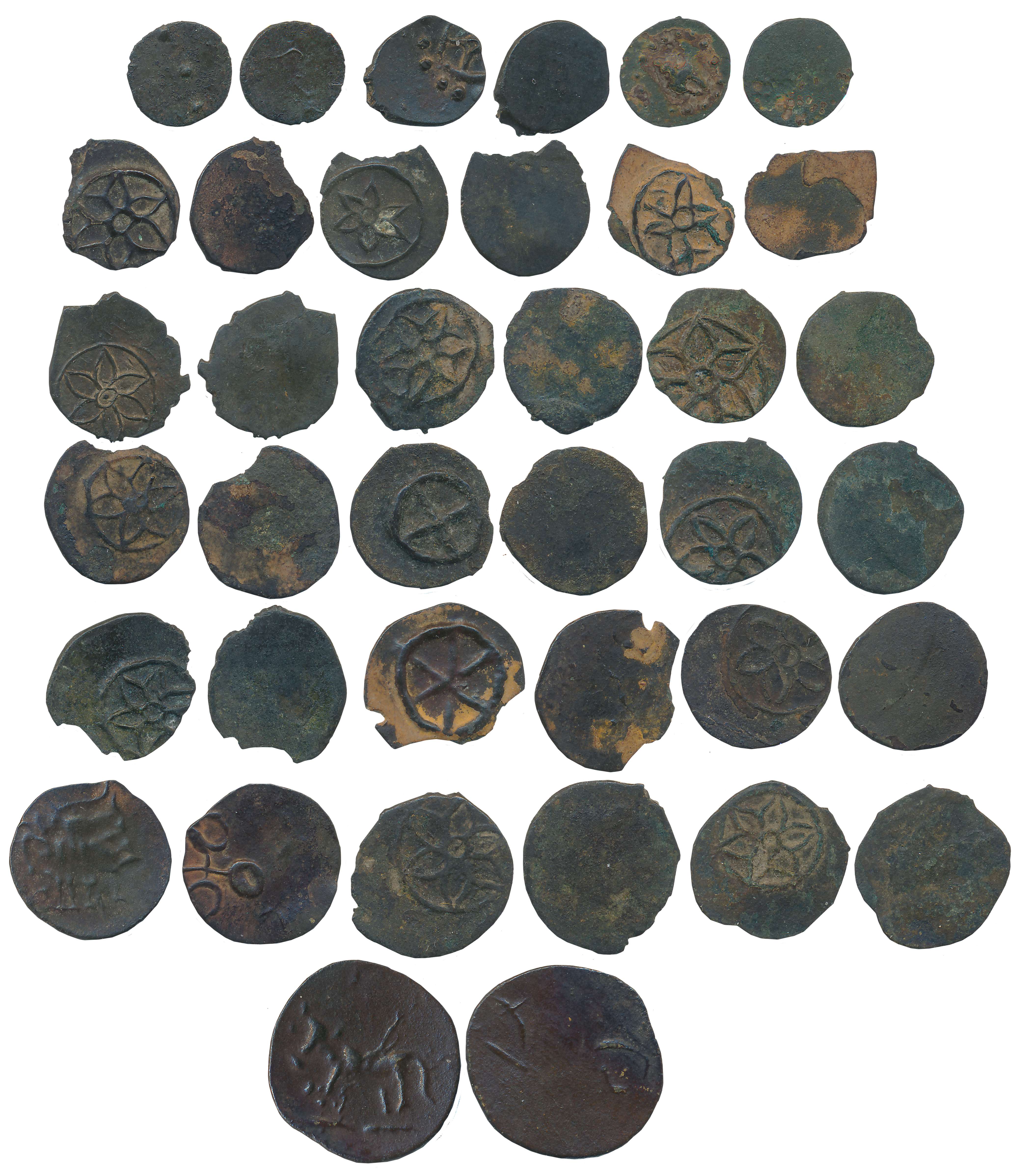 Kadambas of Banavasi, Potin (19), Assorted types including Chakra & lotus type. Fine to ve