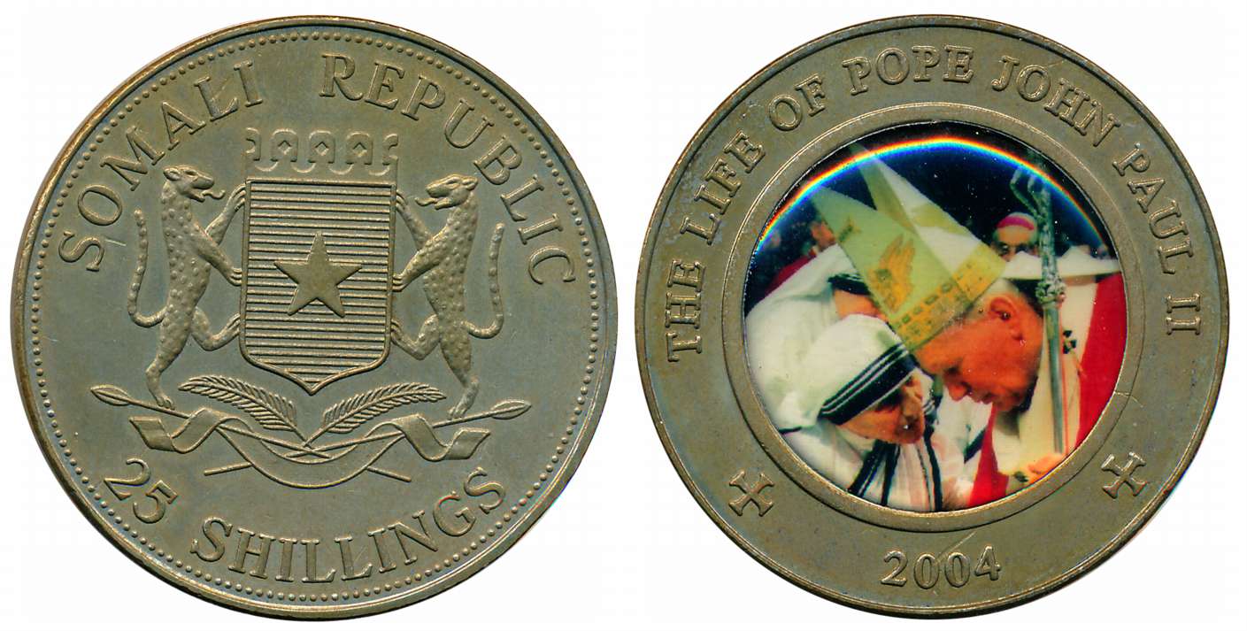 Somali Republic, Copper Nickel, 25 Shillings, 2004, “The Life of Pope John Paul II”, Obv: 