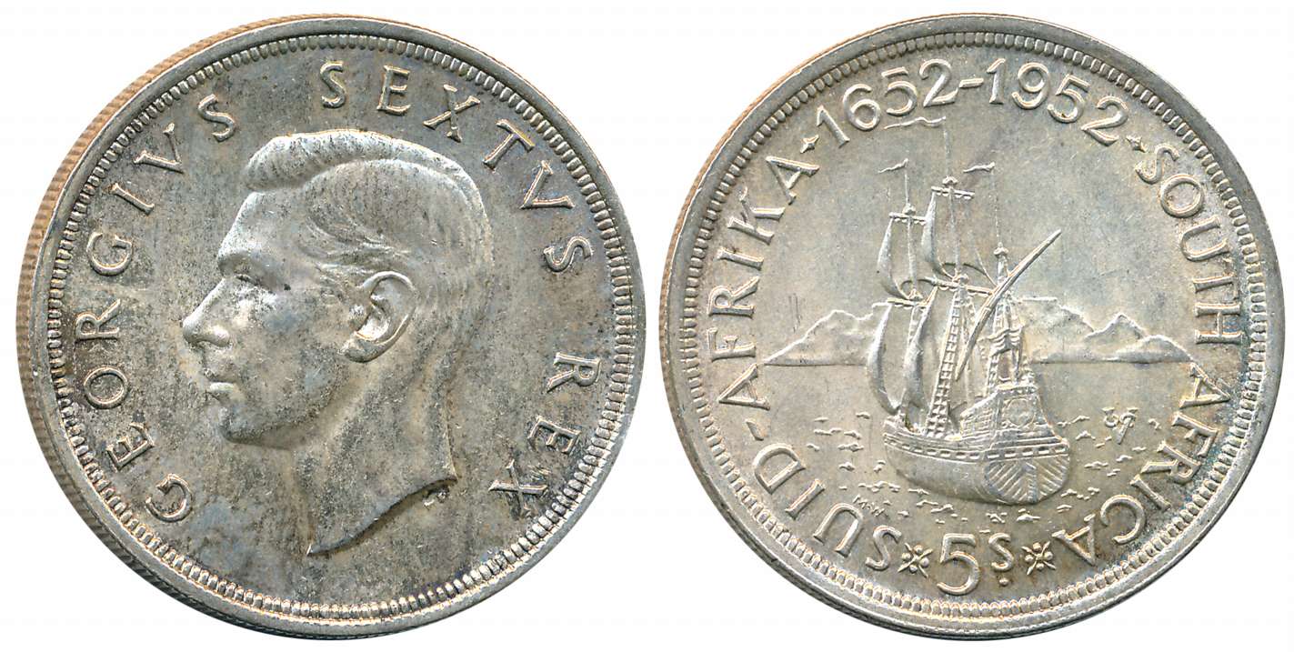 South Africa, George VI, Silver 5 Shillings, 28.28g, 1952, “300th anniversary of the found