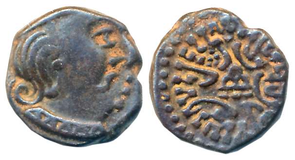 Traikutakas, Dahrasena son of Indradatta, Silver Dracham, 1.64g, Obv: Bust of king facing 