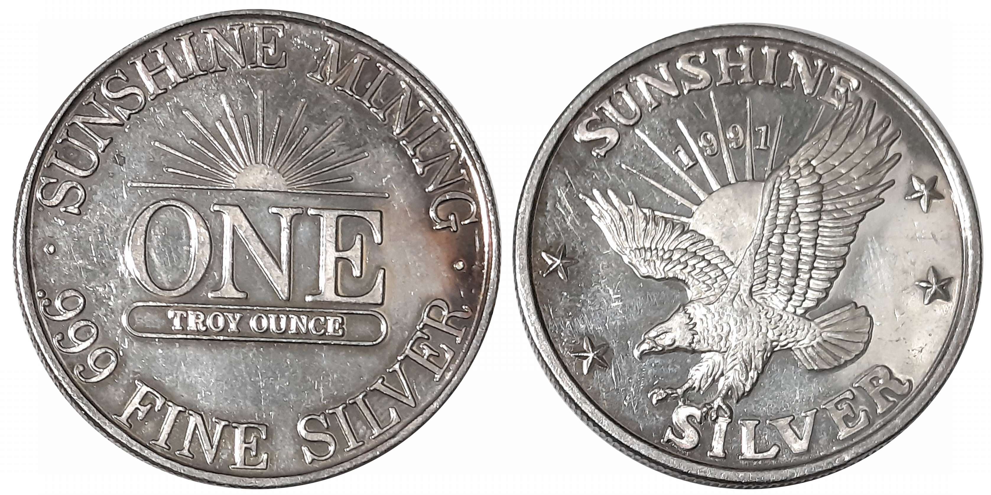 Silver 1 Troy Ounce Token 31.16, from Sunshine Mining, 1991. Extremely fine.