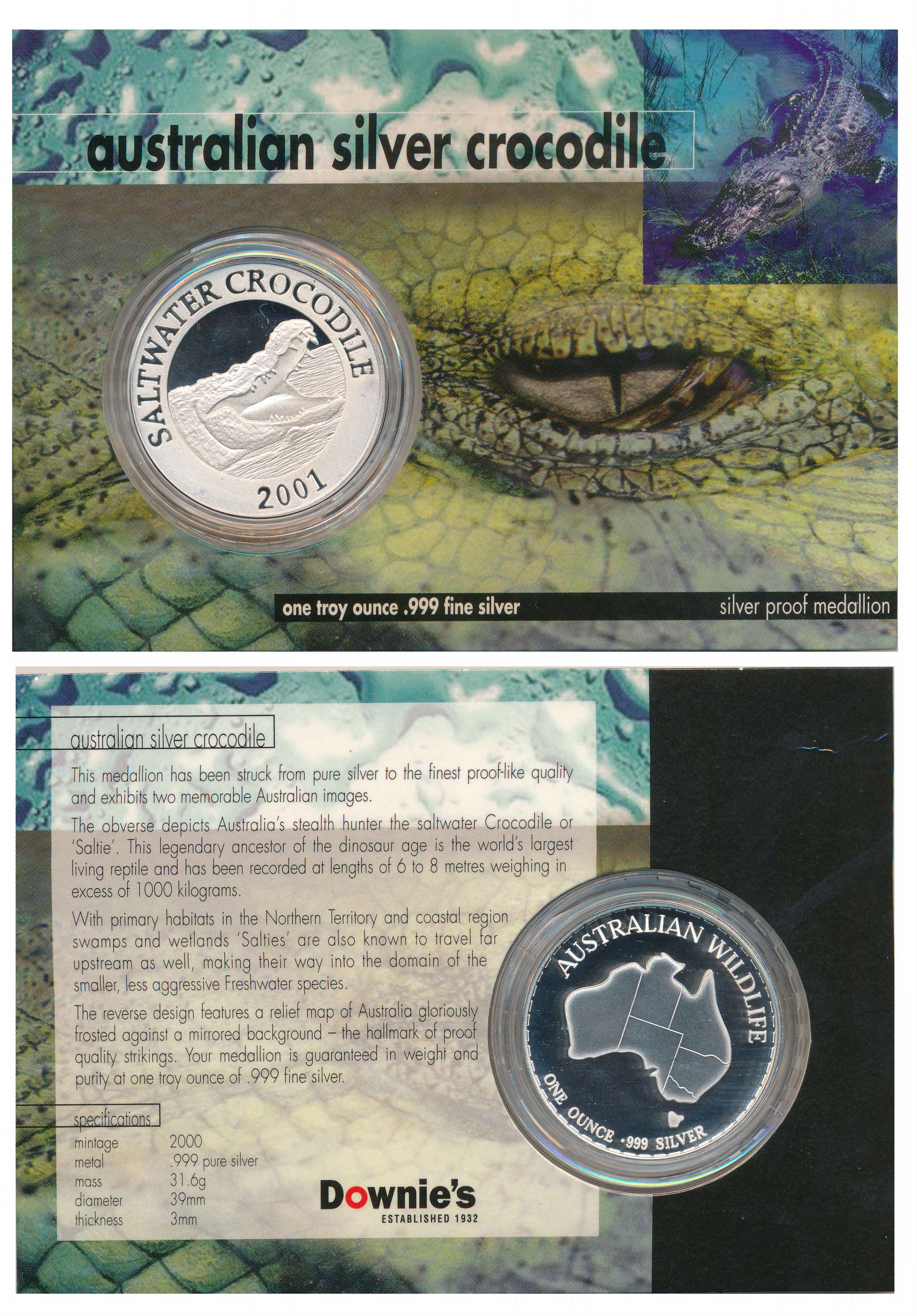 Silver One Troy Ounce, 31.60g, Proof Medallion, Australian Crocodile, 2001. Sealed in Card
