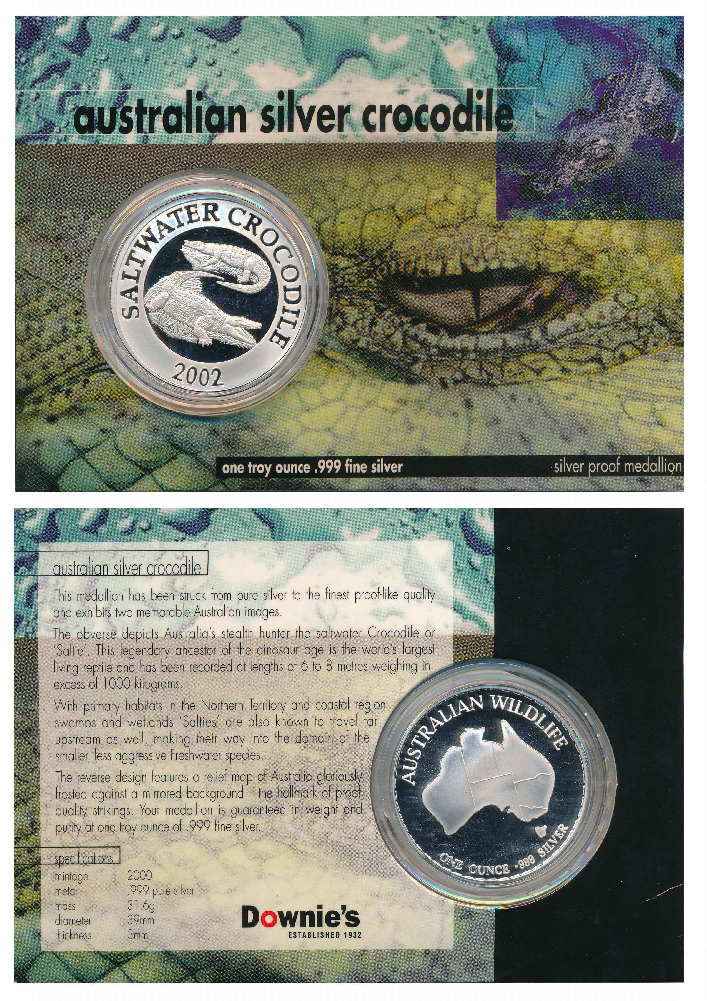 Silver One Troy Ounce, 31.60g, Proof Medallion, Australian Crocodile, 2002. Sealed in Card
