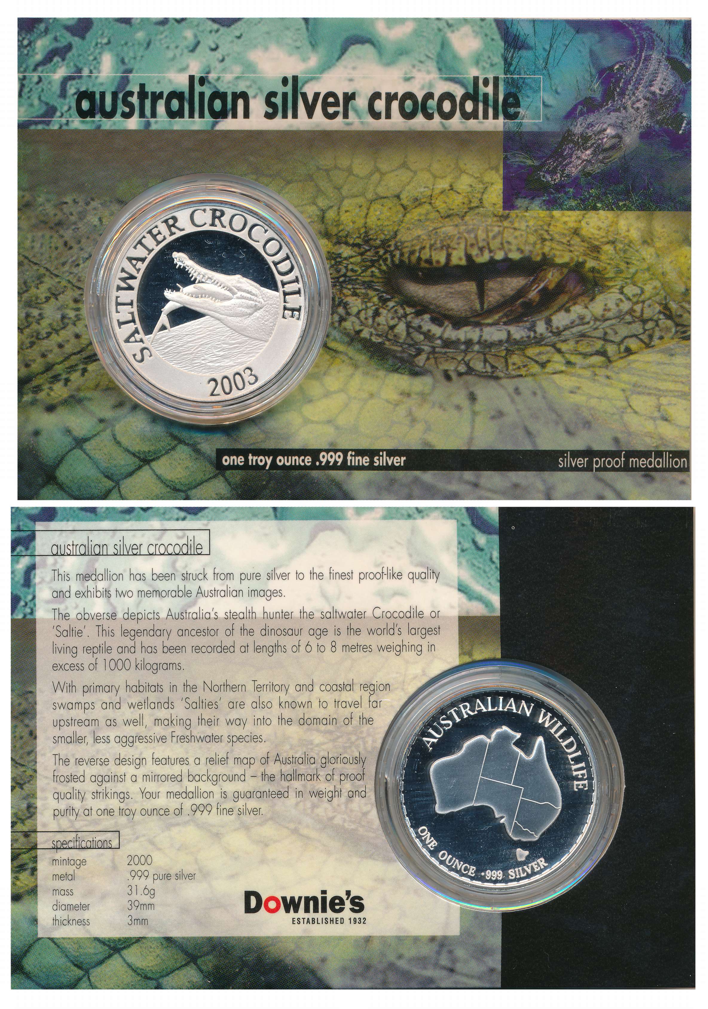 Silver One Troy Ounce, 31.60g, Proof Medallion, Australian Crocodile, 2003. Sealed in Card