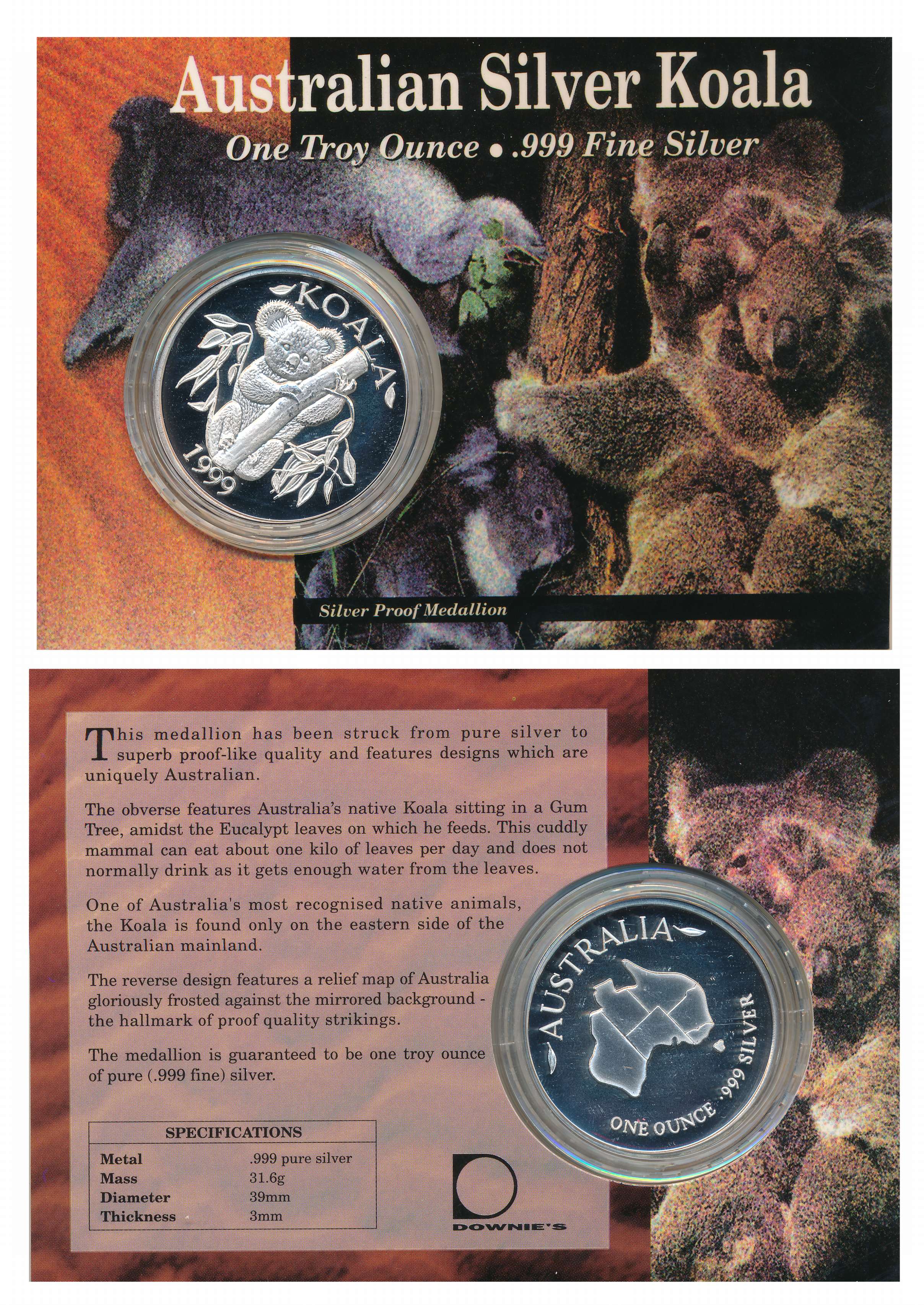 Silver One Troy Ounce, 31.60g, Proof Medallion, Australian Koala, 1999. Sealed in Card FDC