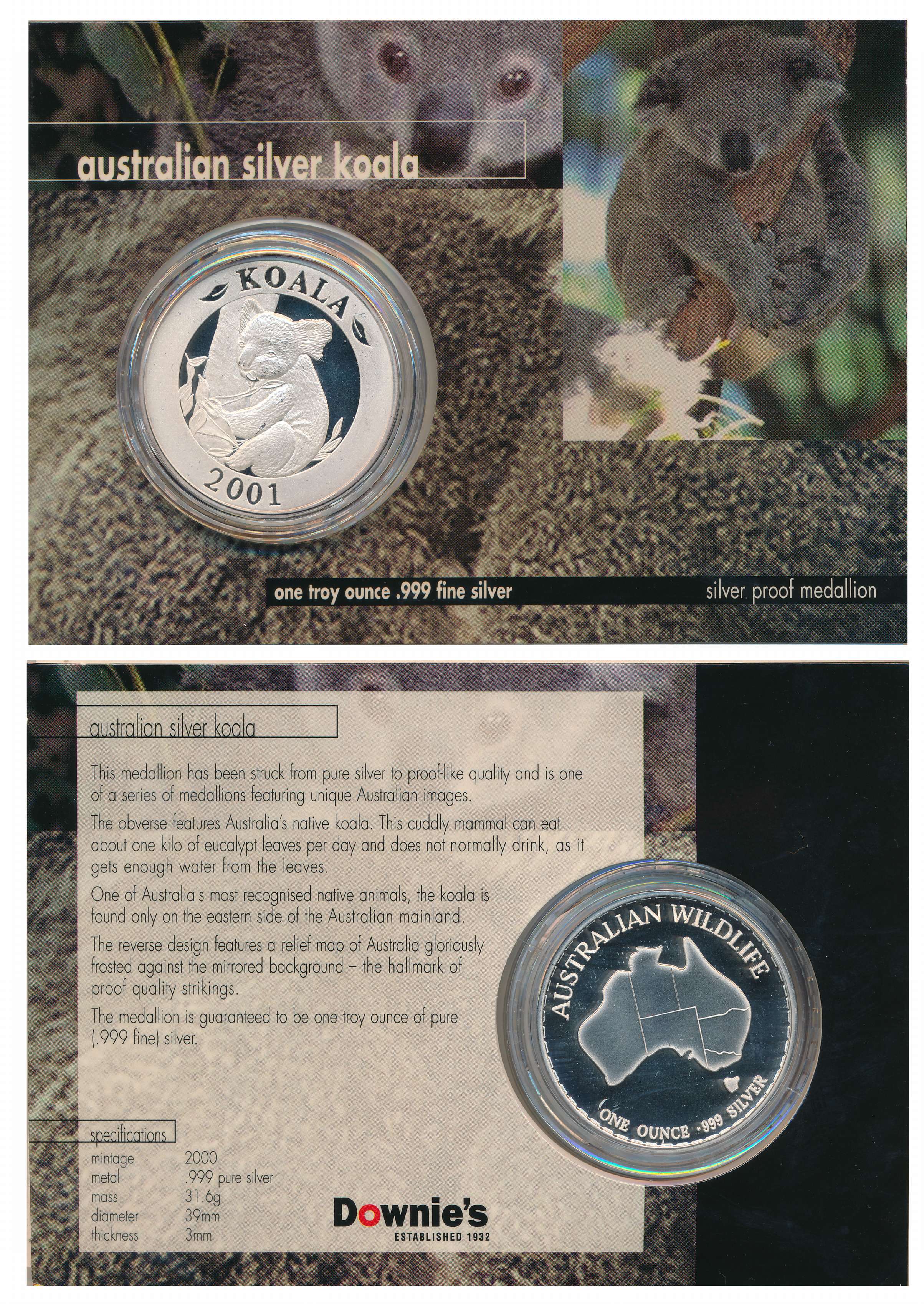 Silver One Troy Ounce, 31.60g, Proof Medallion, Australian Koala, 2001. Sealed in Card FDC