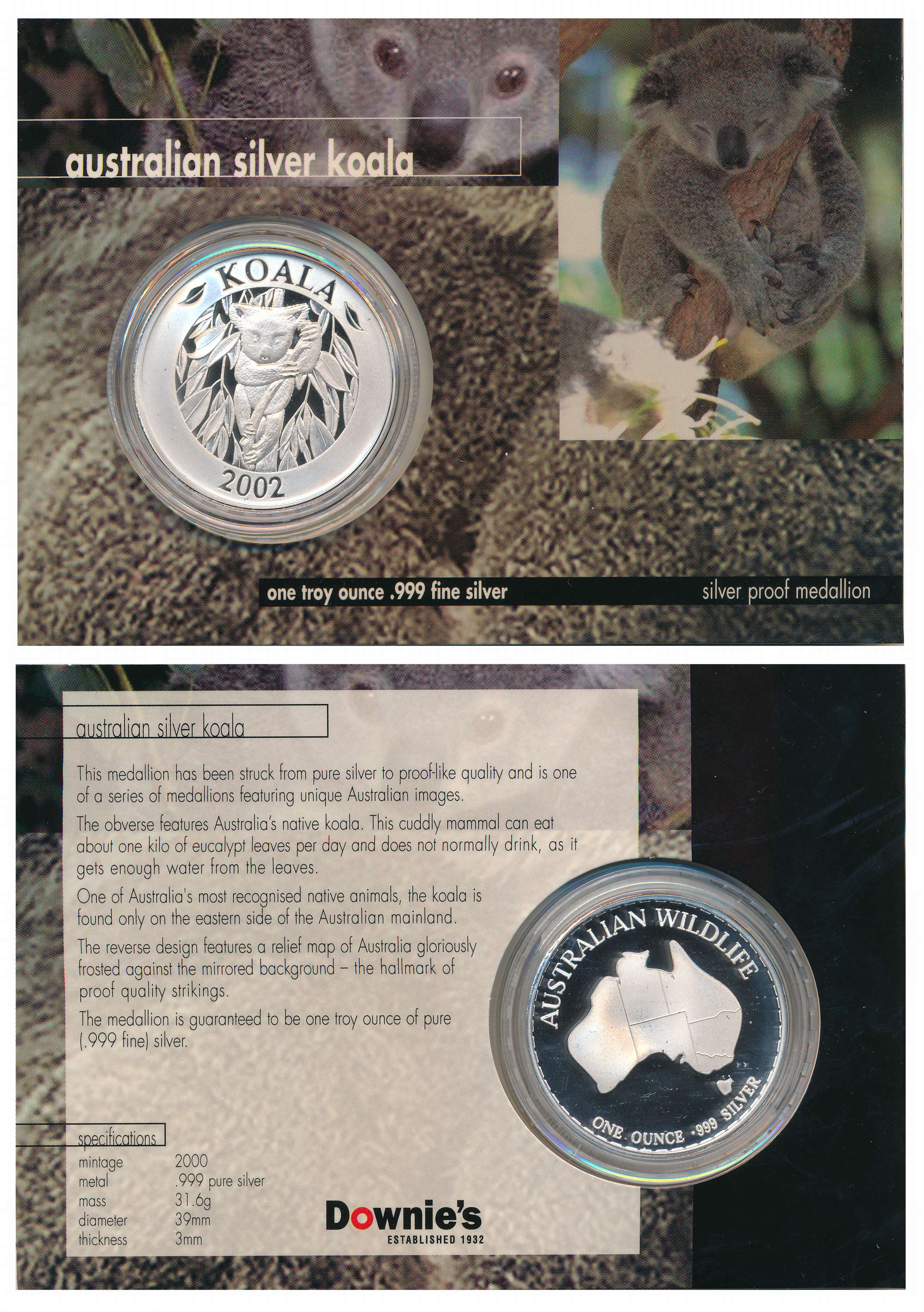 Silver One Troy Ounce, 31.60g, Proof Medallion, Australian Koala, 2002. Sealed in Card FDC