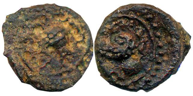 Vishnukundin, Copper, 1.52g, Obv: Lion facing right front Srivatsa, Rev: Conch shell betwe