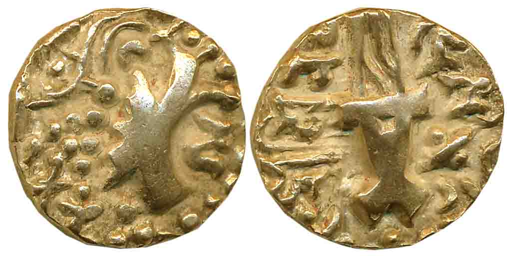Karkotakas of Kashmir, Pratapaditya, Base Gold Dinar, 8.04g, Obv: Crude representation of 