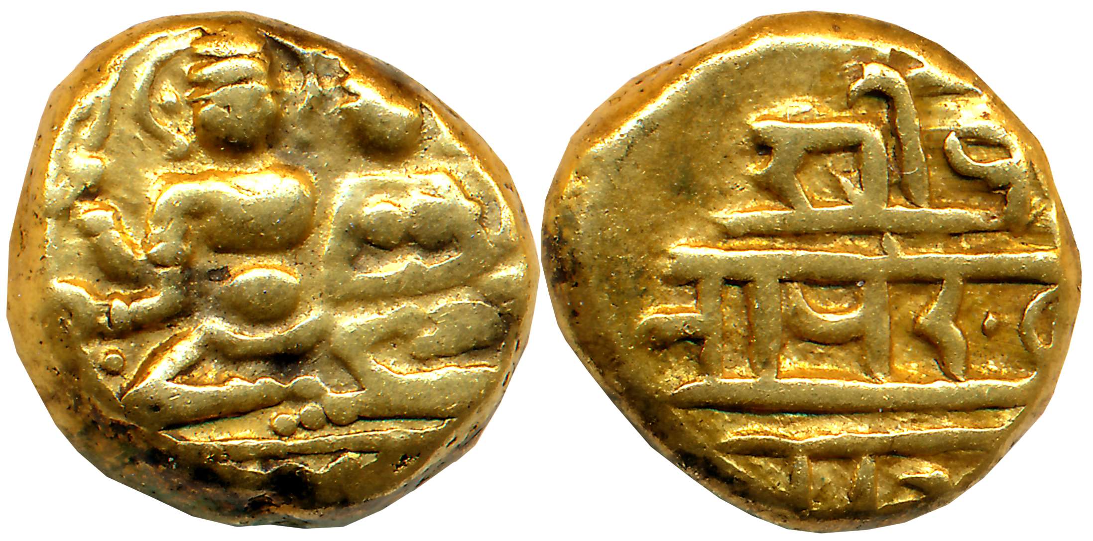 Vijaynagar Empire, Devaraya I, Gold Varaha- Hon, 3.38g, Obv: Lord Vishnu seated in Padmasa