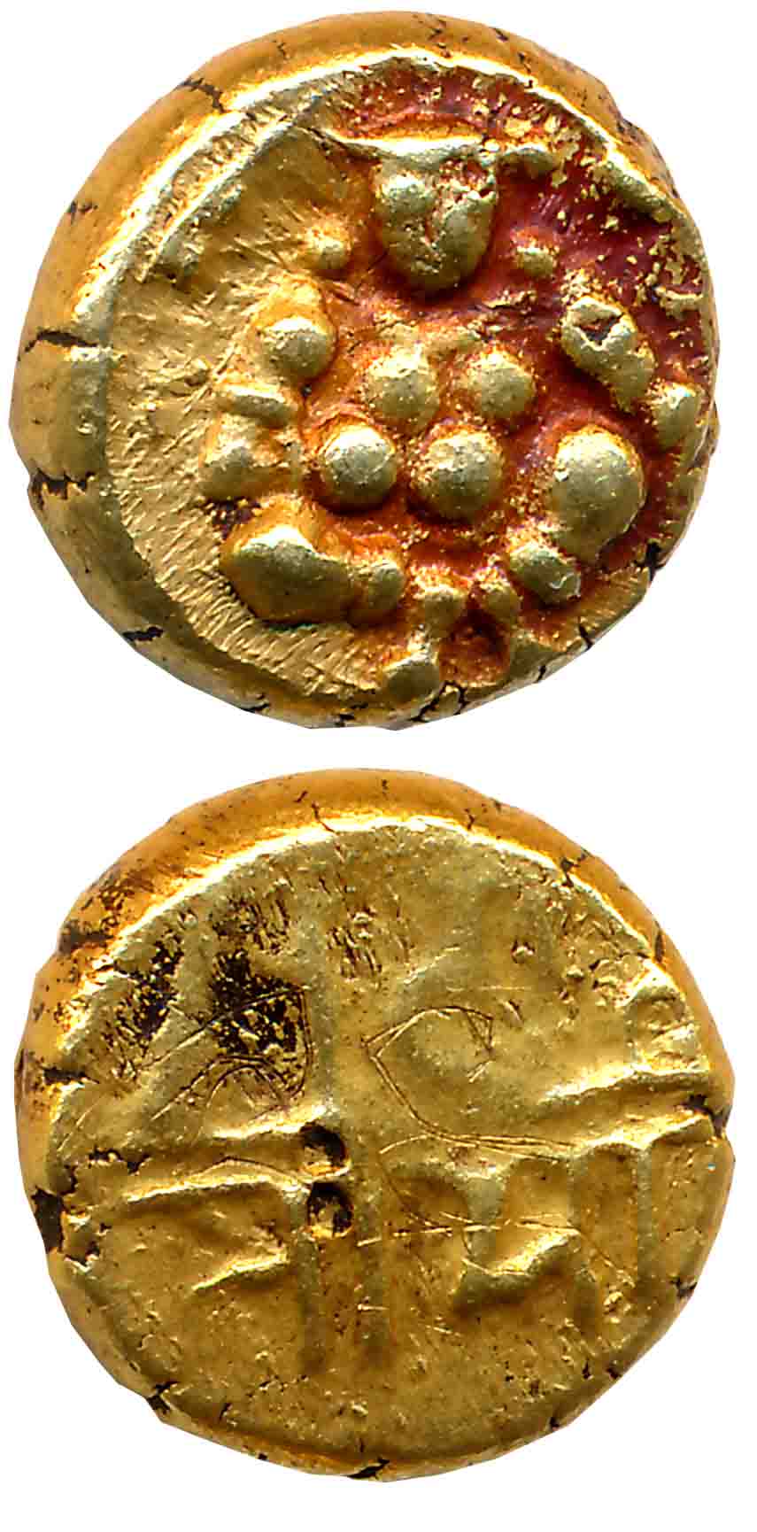 Vijaynagar Empire, Krishnadevraya, Gold 1/2 Varaha, 1.68g, Obv: Lord Bala Krishna seated f