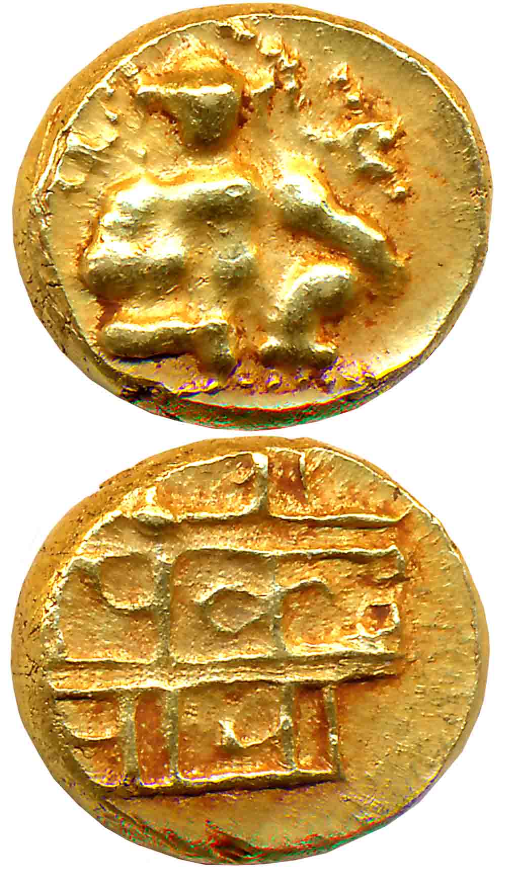 Vijaynagar Empire, Krishnadevraya, Gold 1/2 Varaha, 1.69g, Obv: Lord Bala Krishna seated f