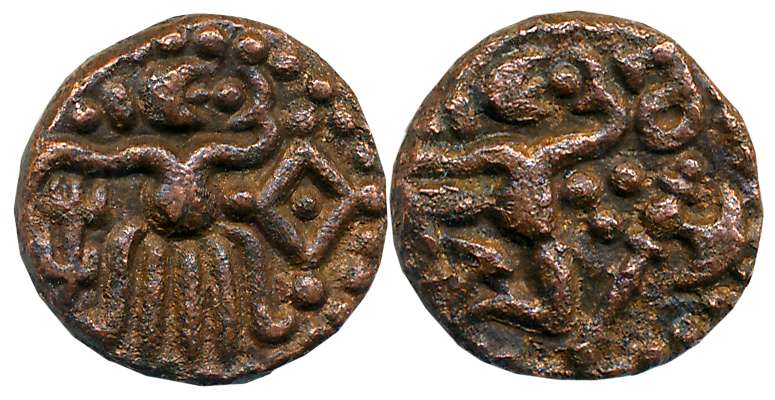 Venad Cheras, Copper, 4.04g, Obv: Stylised figure flanked by Ankush, pallet below arm of f