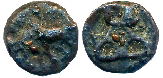 Ancient Deccan, Uninscribed Cast Copper, 4.26g, Obv: Elephant to left, Rev: Three arched h