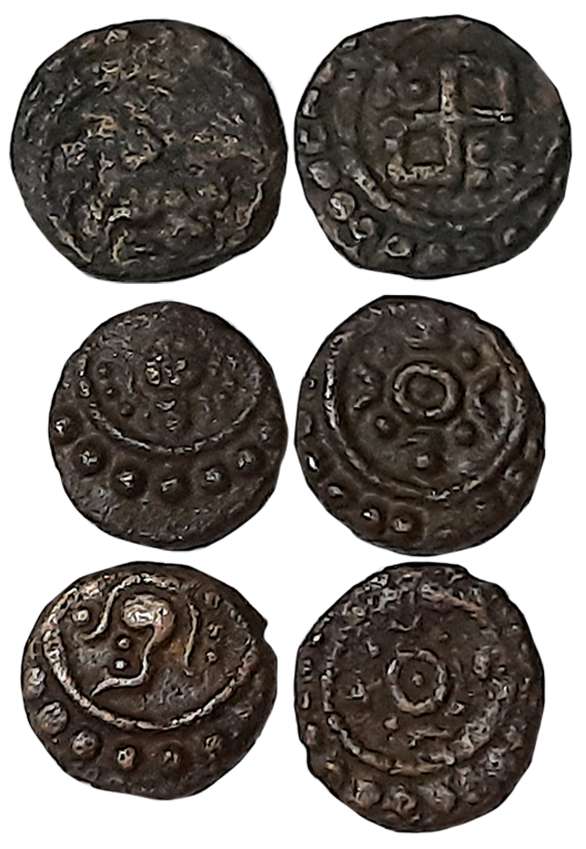 Copper Thira Cash (3), 1.02g, 1.16g, 1.18g, different varieties. Very fine to very fine+. 