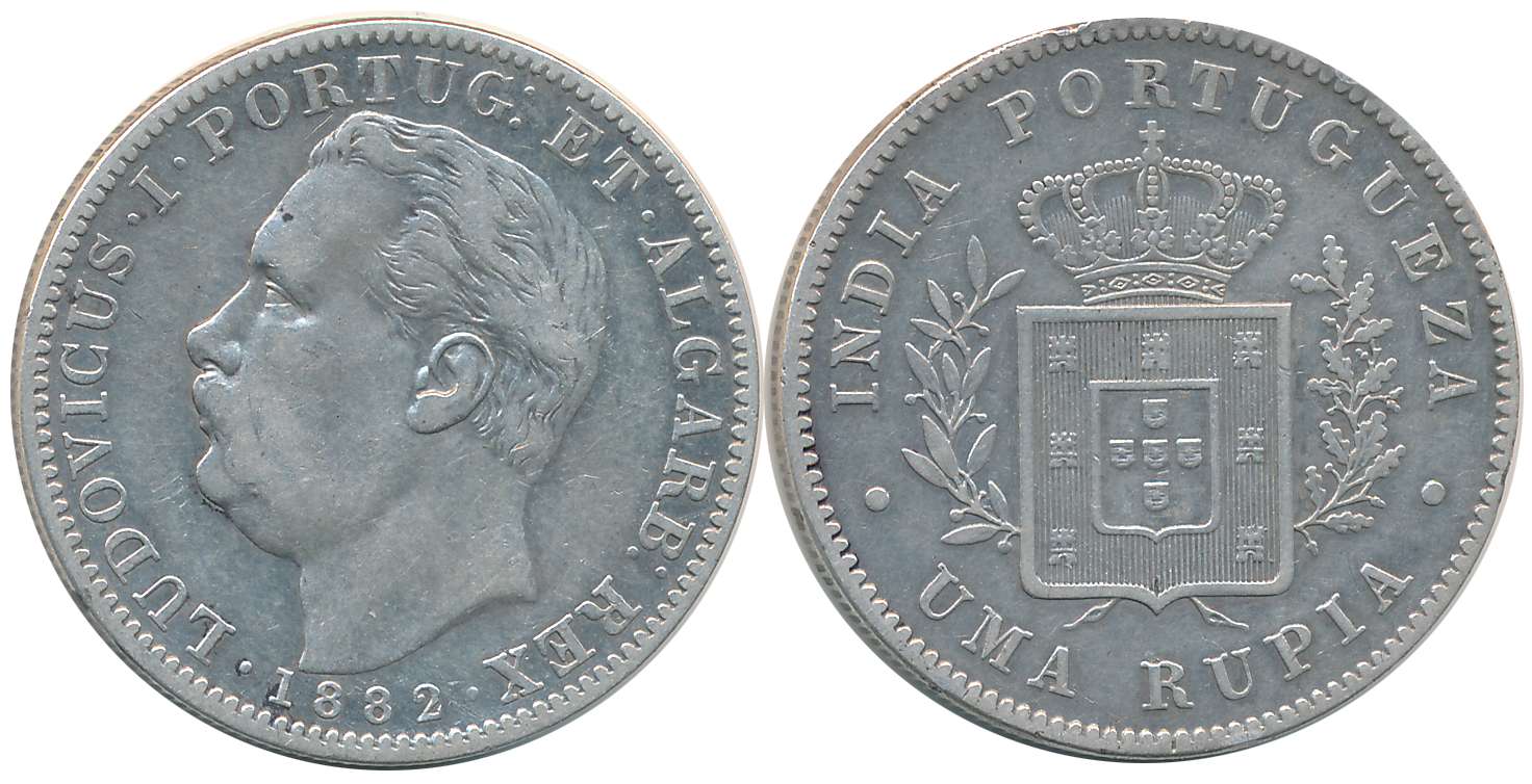 Luiz I, Silver Uma Rupia, 1882, Obv: Bust to left, Rev: Crowned arms within sprays (KM# 31