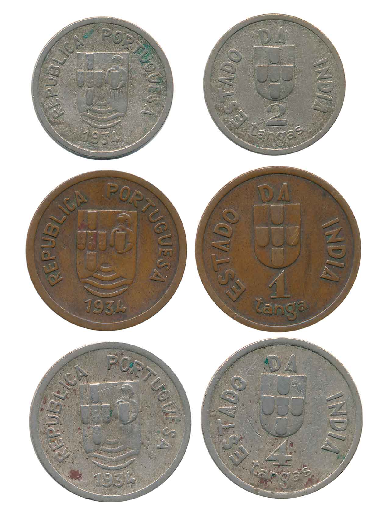 Republic, 1934, Bronze (1), 1 Tanga (KM# 19) & Copper Nickle (2), 4 Tanga, 2 Tanga (KM# 21