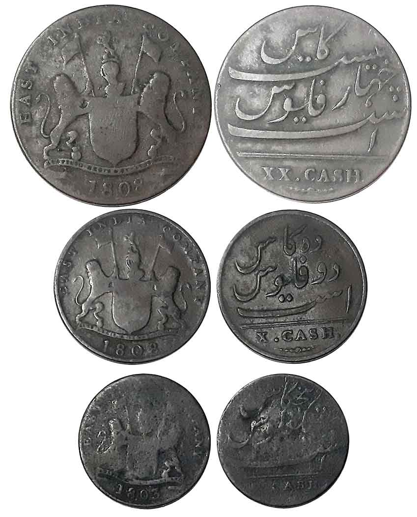 Copper (3), 20 Cash, 1808 (KM# 321), 10 Cash, 1808 (KM# 319) & 5 Cash, 1803 (KM# 317), Obv