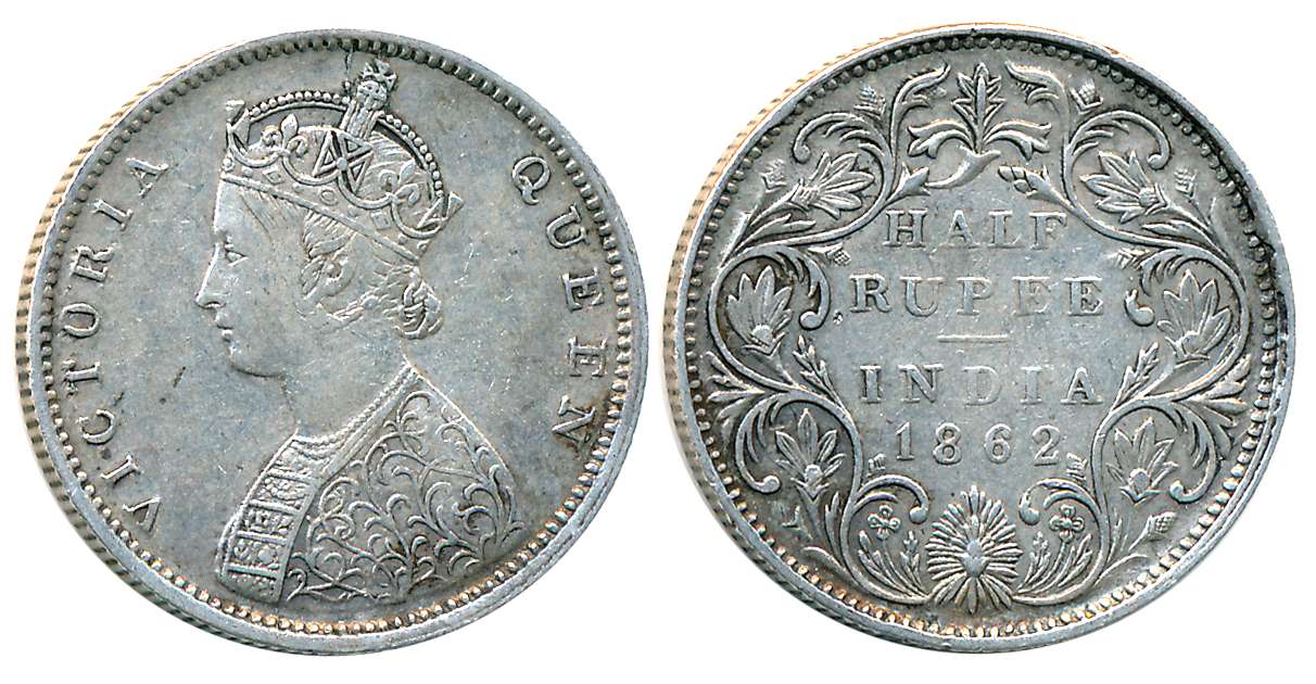 Victoria Queen, Silver 1/2 Rupee, 1862. Fine+.