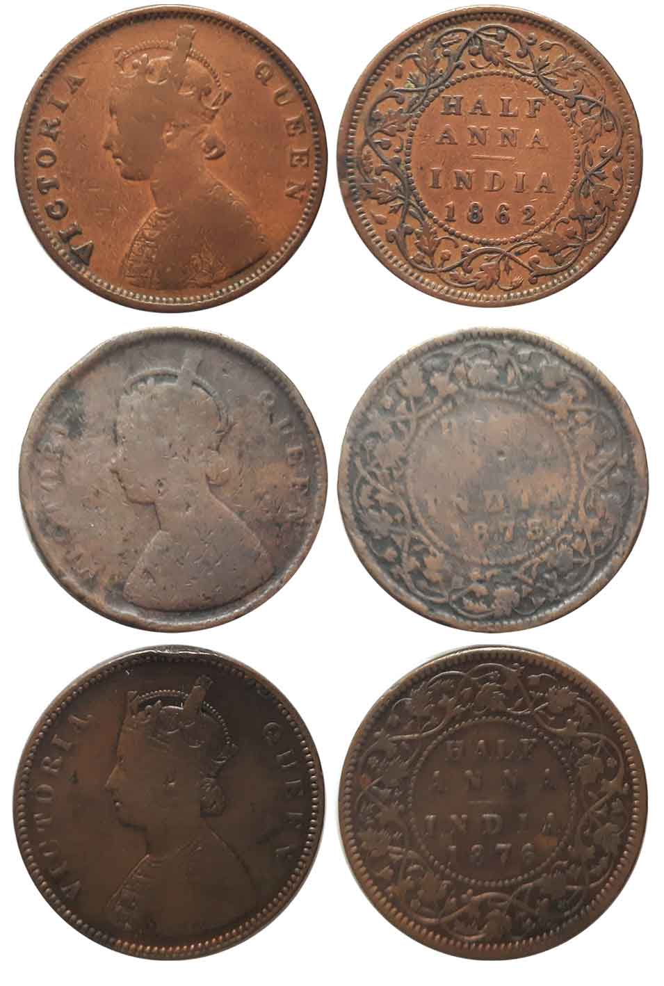 Victoria Queen, Copper 1/2 Anna (3), 1862, 1875, 1876. Fine to about very fine. 3 coins.