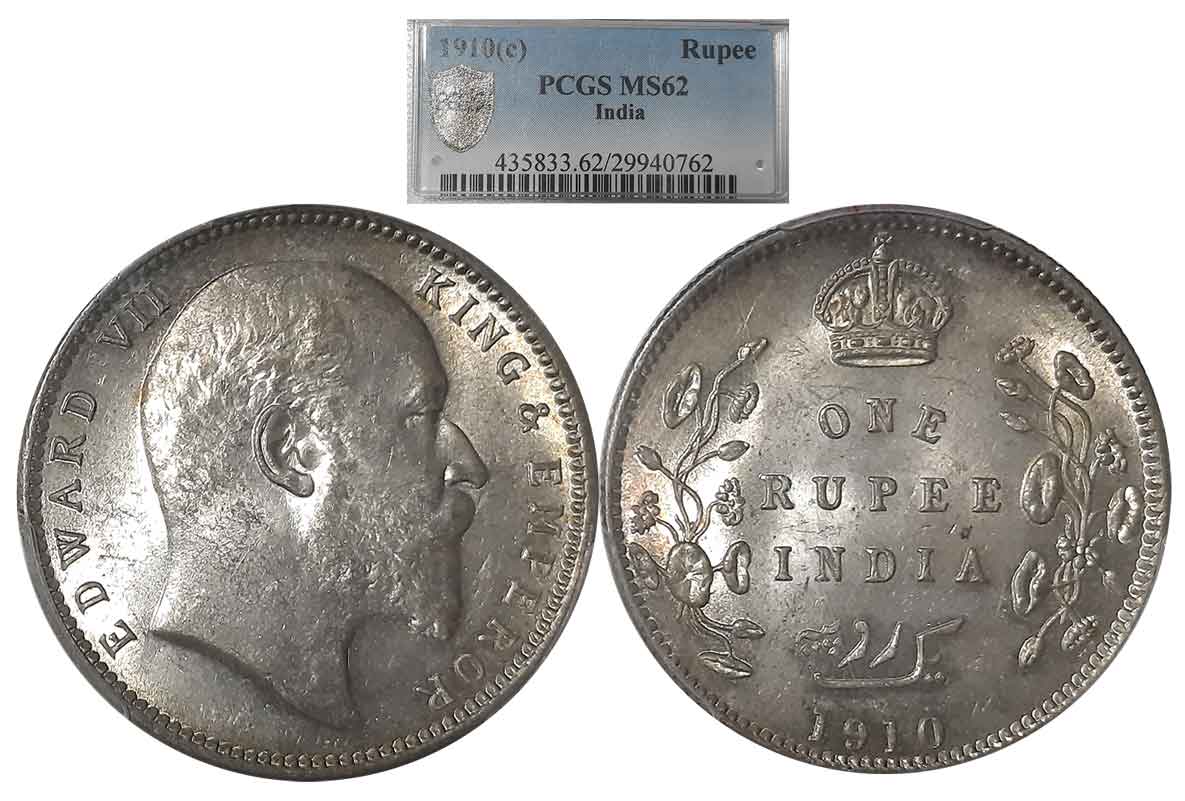 Edward VII, Silver Rupee, 1910, Calcutta Mint. Slab & Graded by PCGS as MS62.