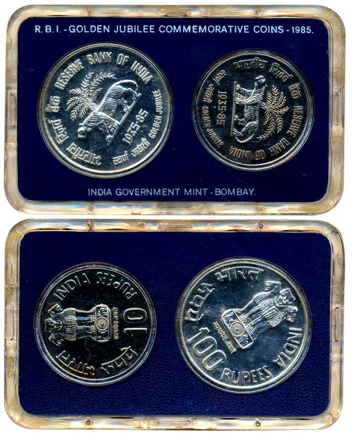 1985, Uncirculated set of 2, Silver Rupees 100 & 10, “Golden Jubilee”, Bombay Mint, with m