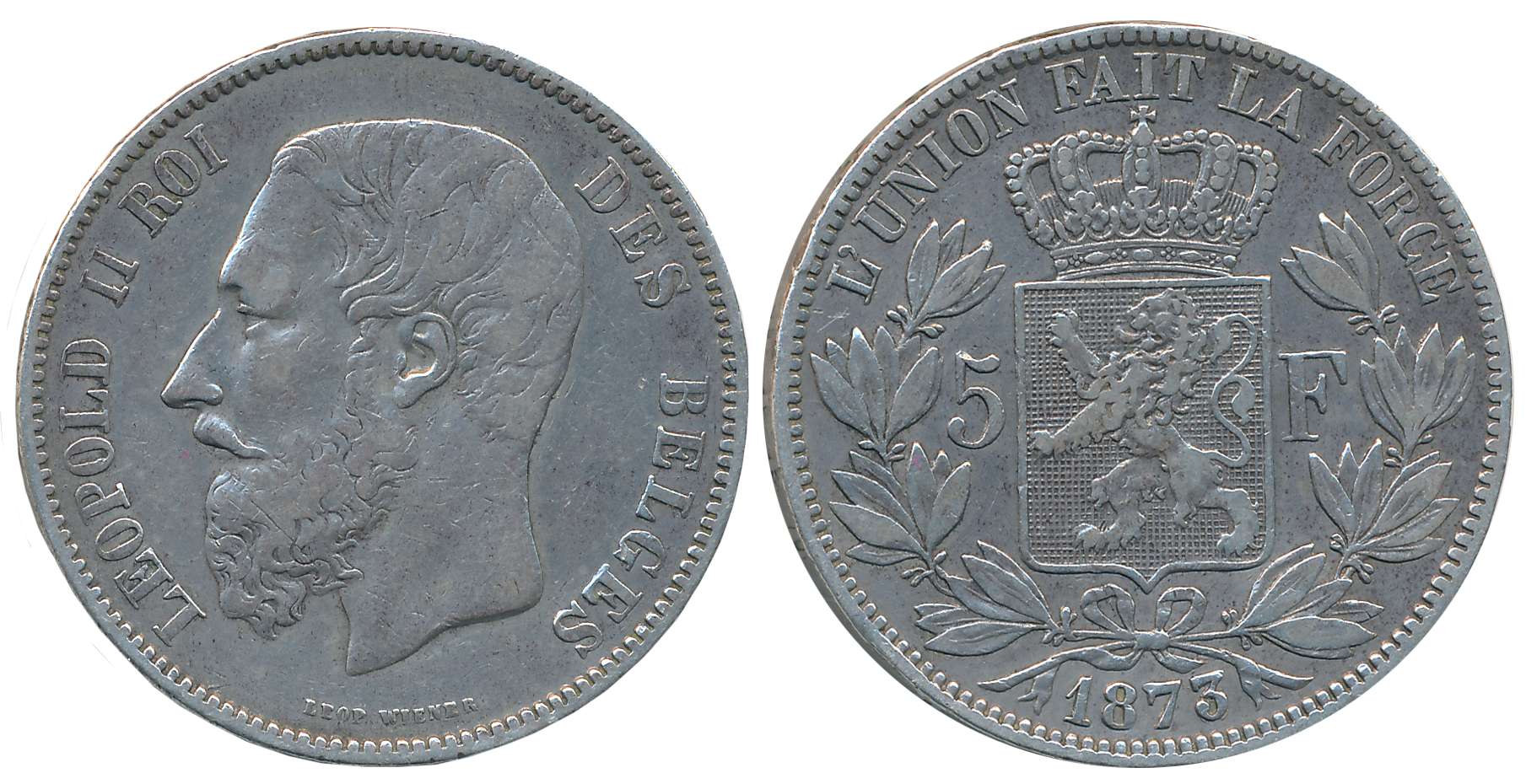 Belgium, Leopold II, Silver 5 Frances, 24.80g, Obv: The Belgian coat of arms within a wrea
