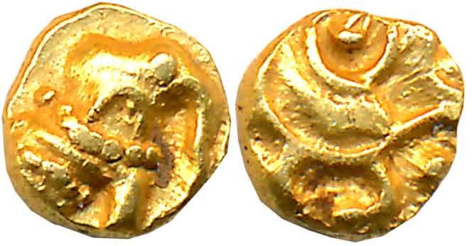 Gangas of Talakadu, Gold Gajapati 1/4 Fanam, 0.08g Obv: Elephant facing right, Rev: Floral