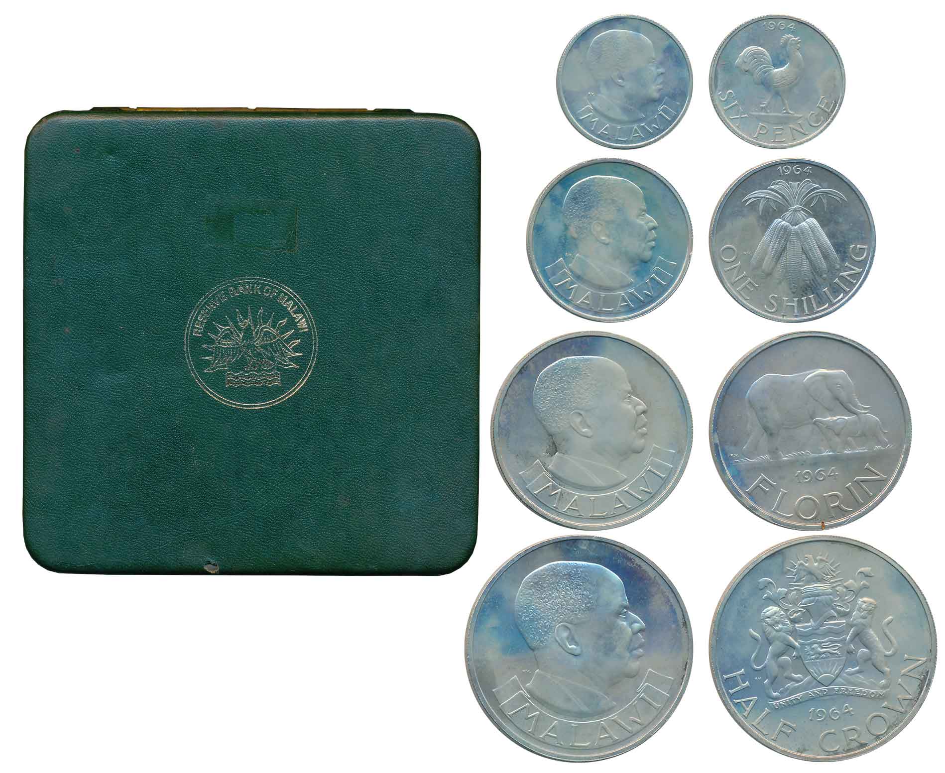 Malawi, 1964, Set of 4 coins, Nickel Brass, 1/2 Crown, 1 Florin, 1 Shilling, 6 Pence. In o
