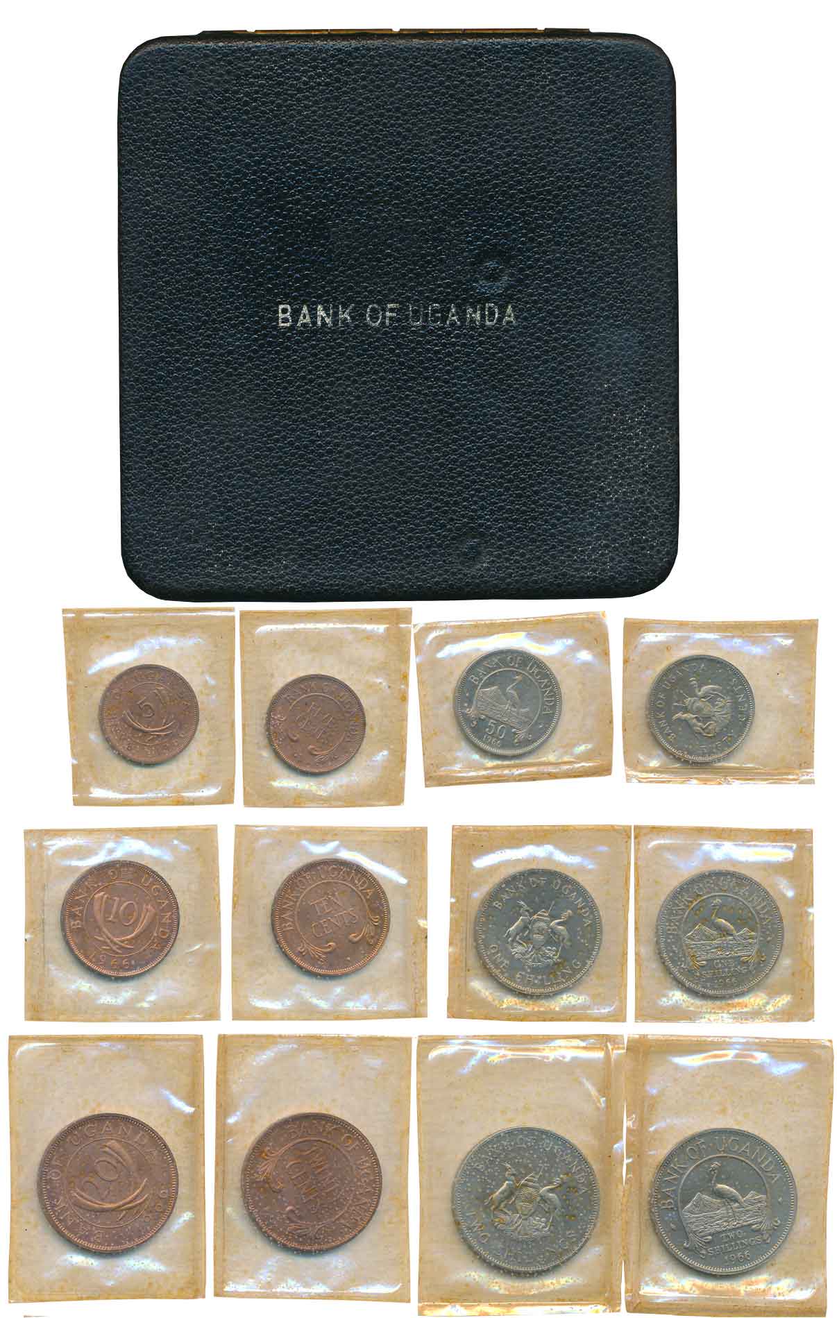 Bank of Uganda, 1966, Set of 6 coins, Copper Nickel, 2, 1 Shillings, 50 Cents, Bronze, 20,