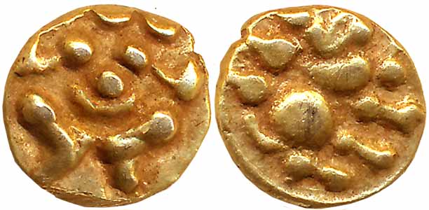 Chalukyas of Kalyani, Anonymous, Gold Fanam, 0.38g, Obv: Lion with raised forepaw, facing 