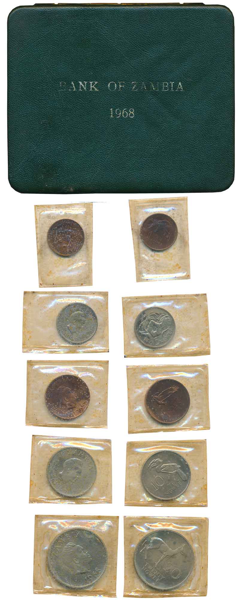Zambia, 1968, Proof Set of 5 coins, 20, 10, 5, 2,1 Ngwee, Royal Mint. In original Box.