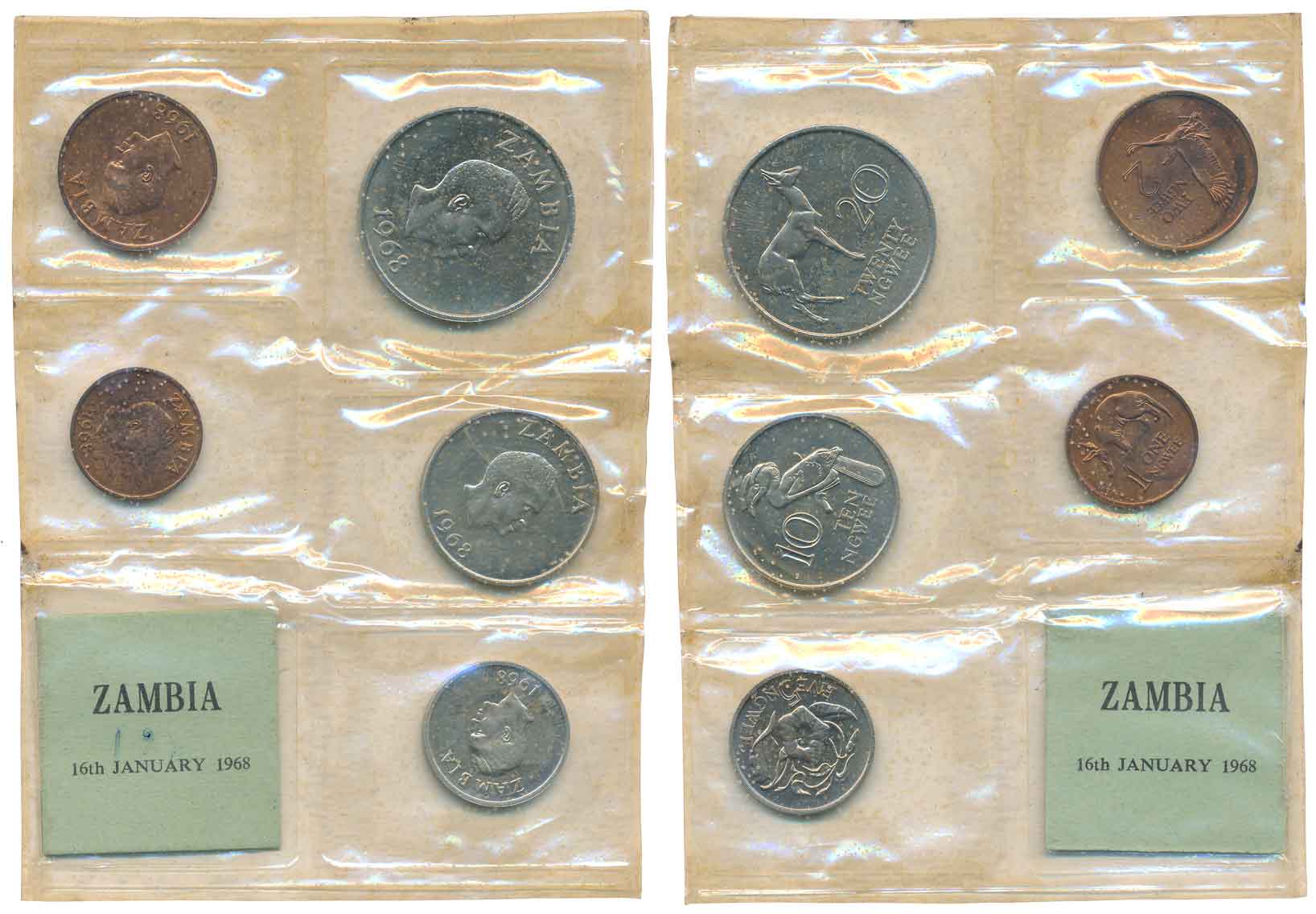 Zambia, 1968, Proof Set of 5 coins, 20, 10, 5, 2,1 Ngwee, Royal Mint. Without Box.