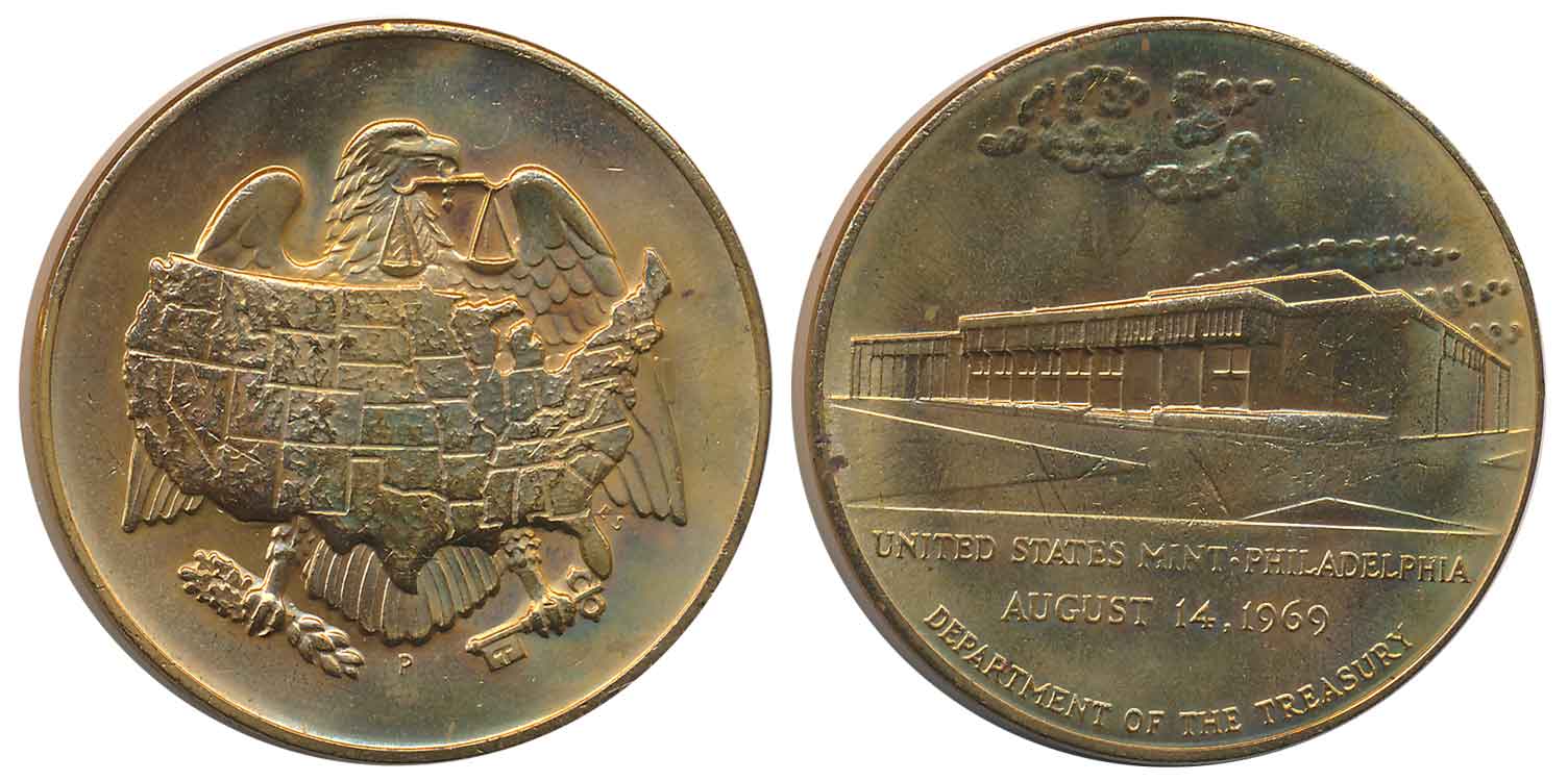 United States, Bronze, 25.79g, Obv: Main entrance view of the United States Mint at Philad