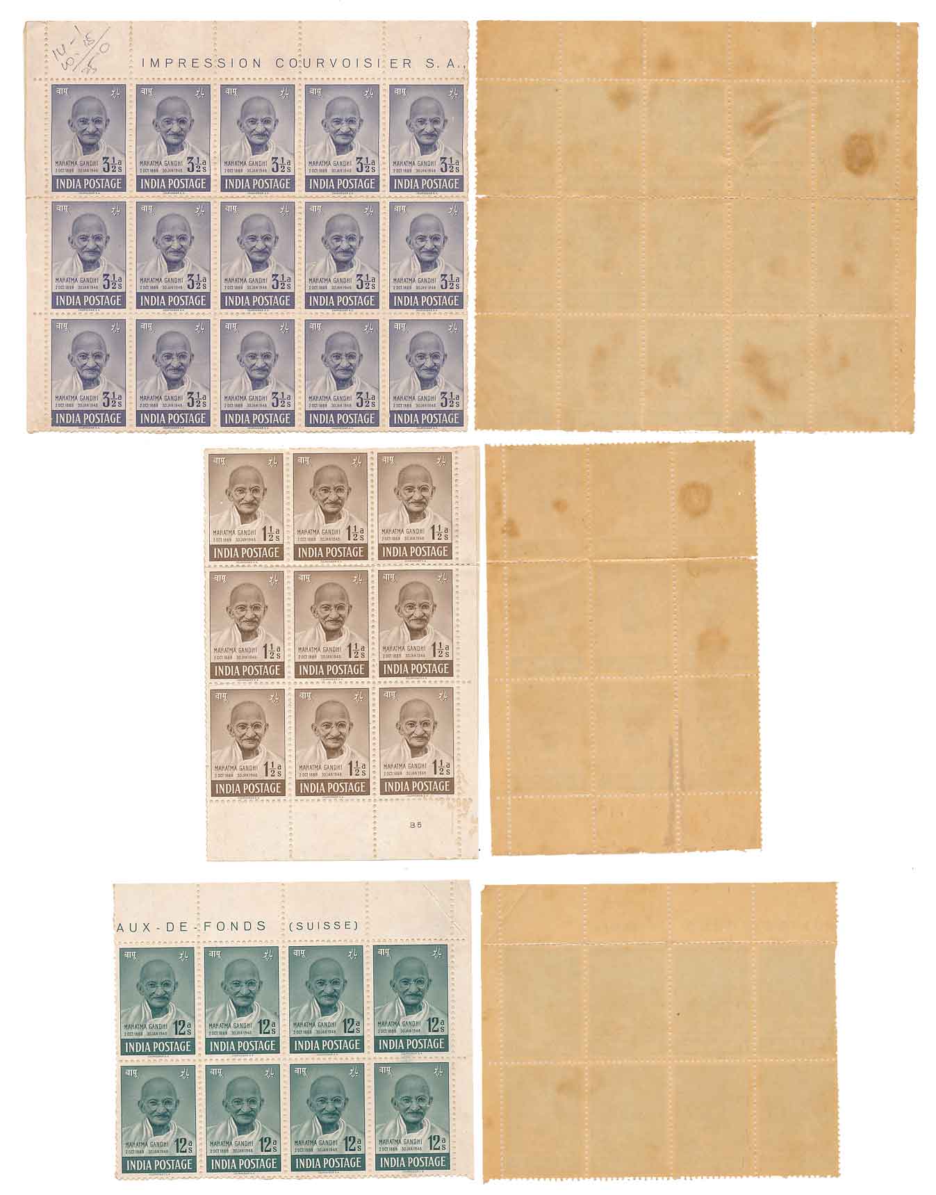 Mahatma Gandhi Stamps (32), 1948, 12 Annas (8), 3 1/2 Annas (15), 1 1/2 Annas (9). Back si