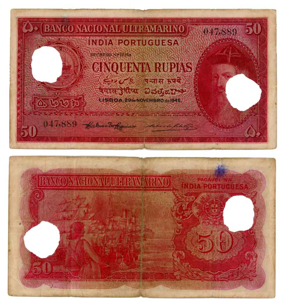 Indo Portuguese, Goa, 50 Rupias, Type 12.32, Signed P-2 A-5, Two cancellation hole (R IMP#